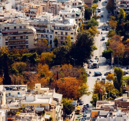 Stunning aerial view of Athens showing a vibrant cityscape with autumn colors.
