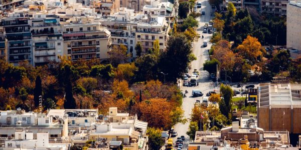Stunning aerial view of Athens showing a vibrant cityscape with autumn colors.