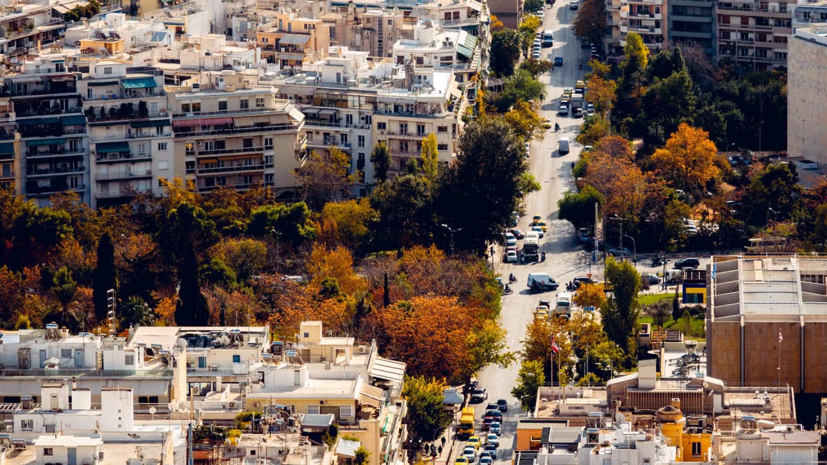 Stunning aerial view of Athens showing a vibrant cityscape with autumn colors.